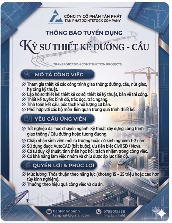 Tuyển dụng Kỹ sư thiết kế đường - cầu